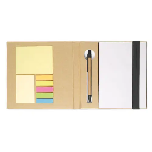 Set composto da blocco bianco stick colorati e penna in carta riciclata con refill blu