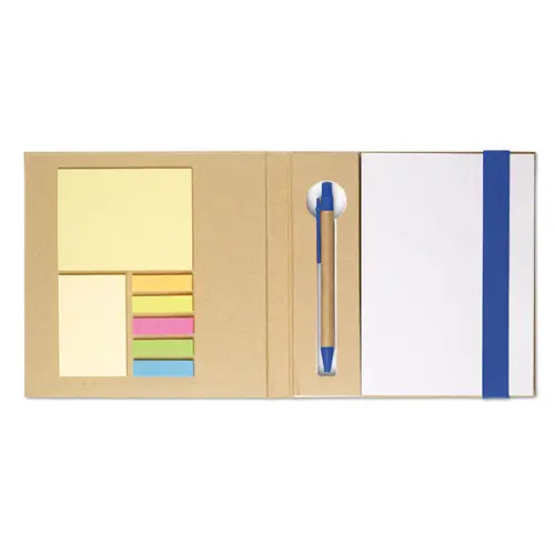 Set composto da blocco bianco stick colorati e penna in carta riciclata con refill blu