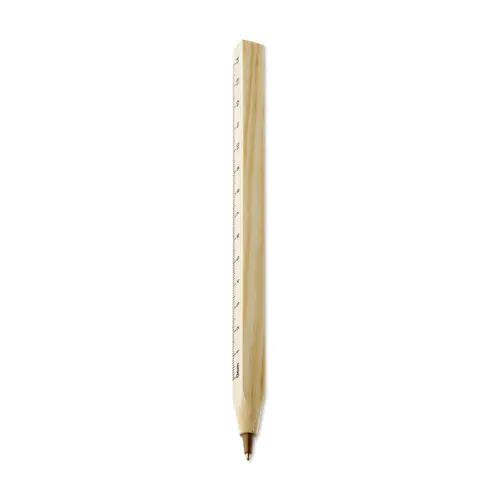 Penna a sfera in legno con righello da 14 cm sul fusto e refill blu