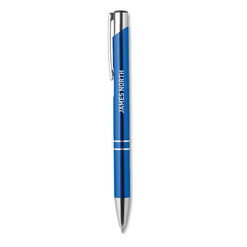 Penna a sfera in alluminio disponibile in vari colori e con meccanismo a scatto e refill blu