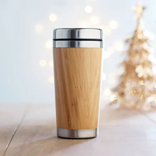 Thermos doppio strato con tappo in plastica e finiture in bambù 400ml