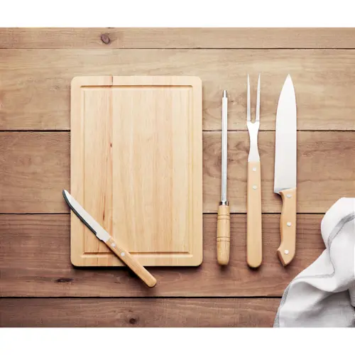 Set di accessori per il barbecue in acciaio inox e bambù completo di tagliere