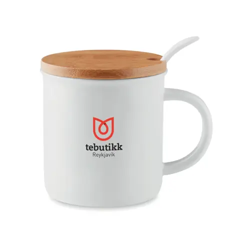 Tazza in porcellana con cucchiaino e coperchio in bambù 380ml