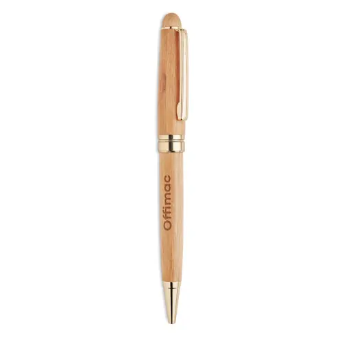 Penna a sfera in bambù con meccanismo a rotazione e confezione in bambù e refill blu