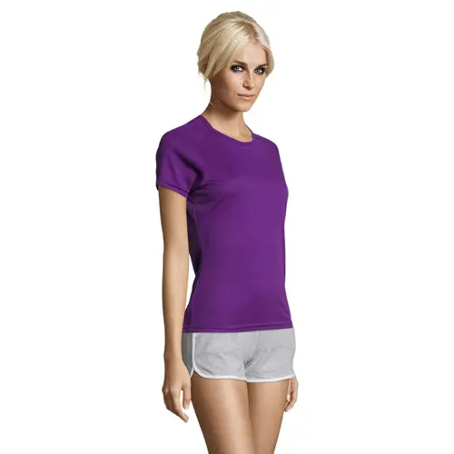 T-shirt da donna sportiva colori assortiti a girocollo con maniche taglio raglan in poliestere traspirante 140gr