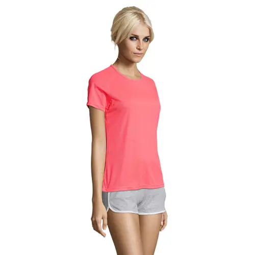 T-shirt da donna sportiva colori assortiti a girocollo con maniche taglio raglan in poliestere traspirante 140gr