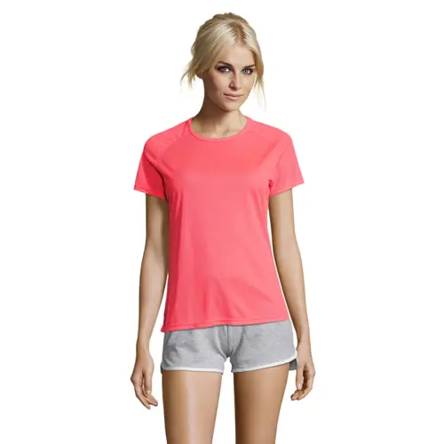 T-shirt da donna sportiva colori assortiti a girocollo con maniche taglio raglan in poliestere traspirante 140gr