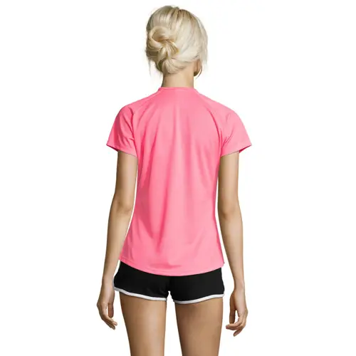T-shirt da donna sportiva colori assortiti a girocollo con maniche taglio raglan in poliestere traspirante 140gr