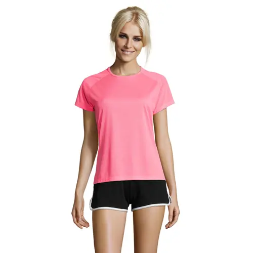 T-shirt da donna sportiva colori assortiti a girocollo con maniche taglio raglan in poliestere traspirante 140gr