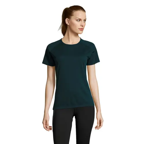 T-shirt da donna sportiva colori assortiti a girocollo con maniche taglio raglan in poliestere traspirante 140gr