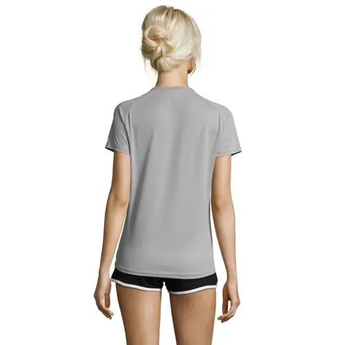 T-shirt da donna sportiva colori assortiti a girocollo con maniche taglio raglan in poliestere traspirante 140gr