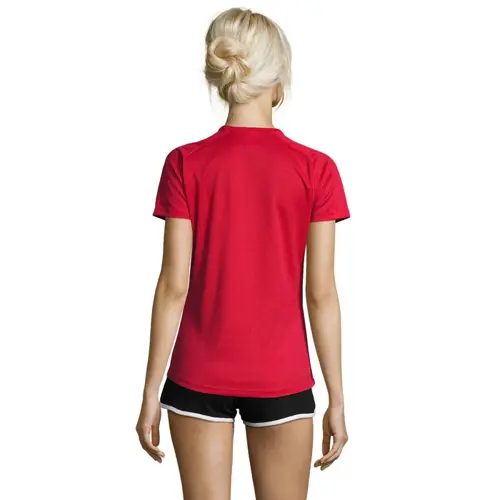 T-shirt da donna sportiva colori assortiti a girocollo con maniche taglio raglan in poliestere traspirante 140gr