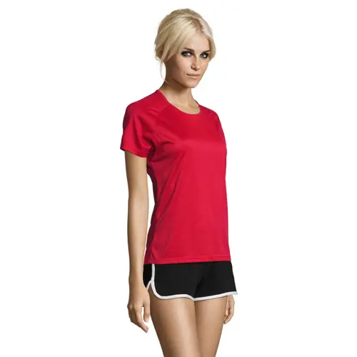 T-shirt da donna sportiva colori assortiti a girocollo con maniche taglio raglan in poliestere traspirante 140gr