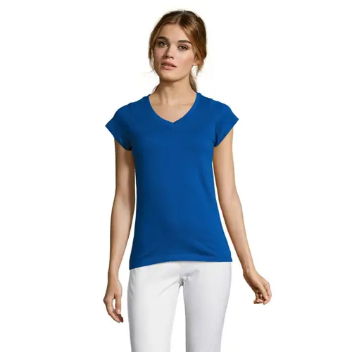 T-shirt da donna colori assortiti scollo a v taglio sfiancato 100% cotone 150gr