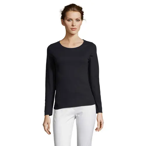 Maglietta da donna a maniche lunghe colori assortiti a girocollo taglio sfiancato 100% cotone semipettinato 150gr