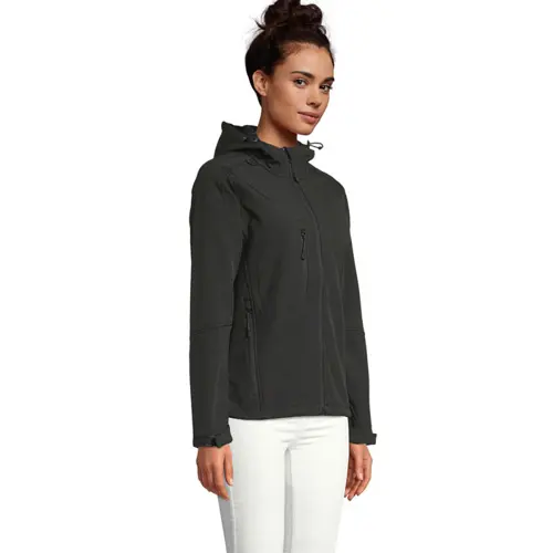 Giacca con cappuccio da donna in softshell 340g con 2 tasche laterali e 1 tasca sul petto con zip