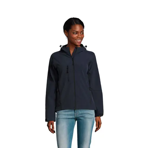 Giacca con cappuccio da donna in softshell 340g con 2 tasche laterali e 1 tasca sul petto con zip