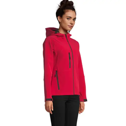 Giacca con cappuccio da donna in softshell 340g con 2 tasche laterali e 1 tasca sul petto con zip