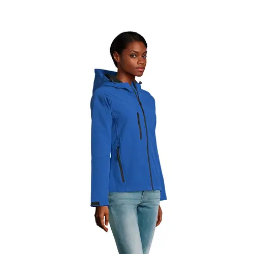 Giacca con cappuccio da donna in softshell 340g con 2 tasche laterali e 1 tasca sul petto con zip