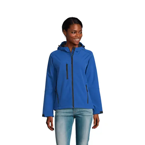 Giacca con cappuccio da donna in softshell 340g con 2 tasche laterali e 1 tasca sul petto con zip