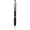 Penna a sfera in plastica disponibile in vari colori con impugnatura gommata nera e punta touch con meccanismo a rotazione e refill nero
