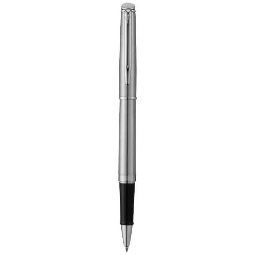 Penna roller a marchio Waterman in alluminio disponibil con due rifiniture oro e argento con cappuccio in confezione regalo e refill nero