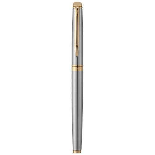 Penna roller a marchio Waterman in alluminio disponibil con due rifiniture oro e argento con cappuccio in confezione regalo e refill nero
