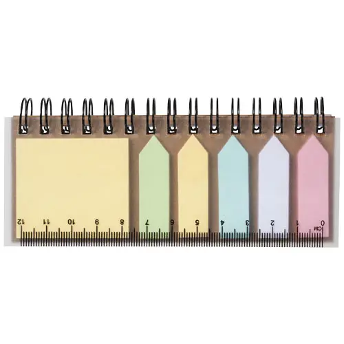 Blocco note a spirale con foglietti adesivi colorati e righello sulla copertina