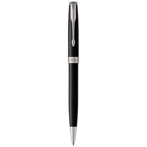Penna a sfera a marchio Parker in alluminio di colore nero con meccanismo a rotazione in confezione regalo e refill nero