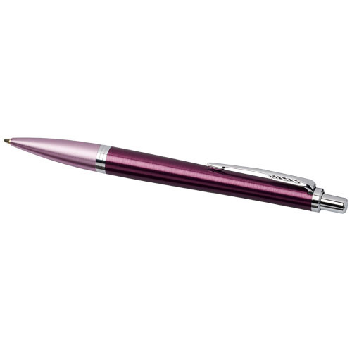 Penna a sfera a marchio Parker in alluminio di colr viola e rosa con meccanismo a scatto in confezione reagalo e refill blu