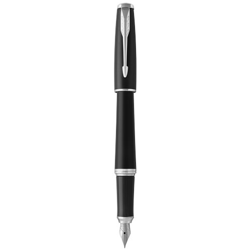 Penna stilografica a marchio Parker in alluminio disponibile in due colori nero e argento con cappuccio in confezione regalo e refill blu