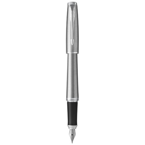 Penna stilografica a marchio Parker in alluminio disponibile in due colori nero e argento con cappuccio in confezione regalo e refill blu