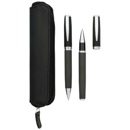 Set di penne roller con rifinitura in fibra di carbonio e con cappuccio in astuccio e scatola regalo refill nero