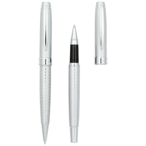 Set di penne a sfera e roller in alluminio disponibile nel colore argento con fusto decorato in confezione regalo e refill nero