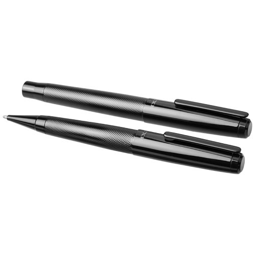 Set di penne a sfera e roller in alluminio con finiture lucide in confezione regalo e refill nero
