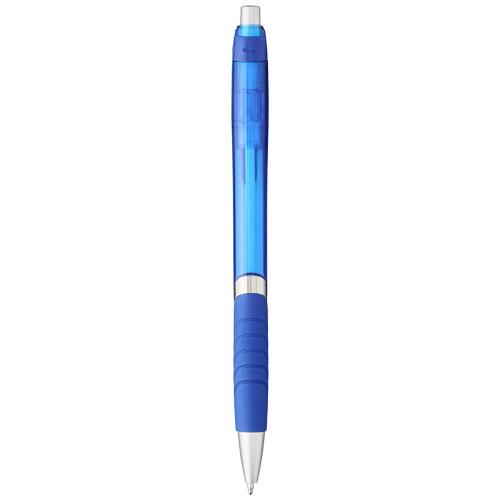 Penna a sfera semitrasparente disponibile in vari colori con impugnatura in gomma e con meccanismo a scatto e refill blu
