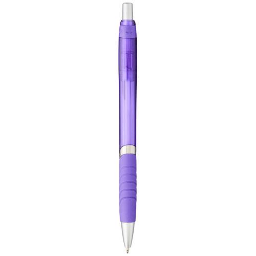 Penna a sfera semitrasparente disponibile in vari colori con impugnatura in gomma e con meccanismo a scatto e refill blu