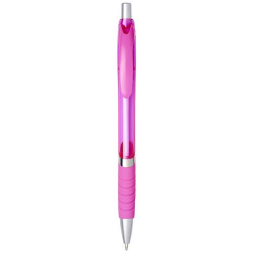 Penna a sfera in plastica semitrasparente disponibile in vari colori con impugnatura in gomma e con meccanismo a scatto e refill blu