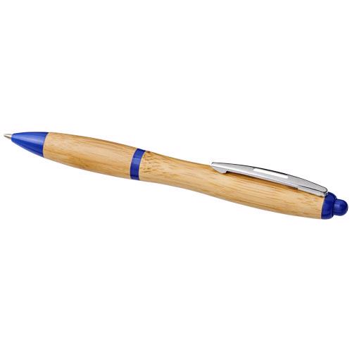 Penna a sfera in bambù e finiture in plastica colorata e clip cromata con meccanismo a scatto e refill blu