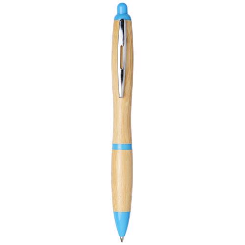 Penna a sfera in bambù e finiture in plastica colorata e clip cromata con meccanismo a scatto e refill blu