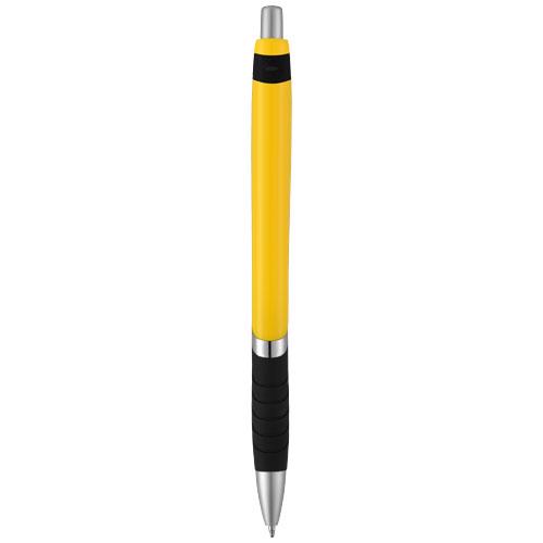 Penna a sfera in tinta unita disponibile in vari colori con impugnatura in gomma e con meccanismo a scatto e refill blu