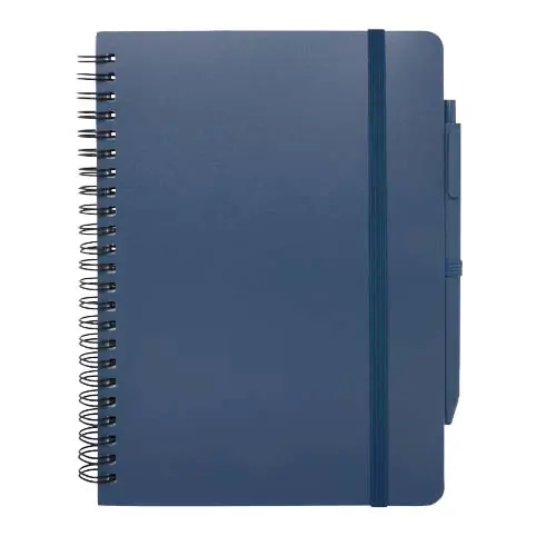 Blocco notes A5 con spirale e pagine a righe e copertina rigida in plastica riciclata e penna a sfera refill nero