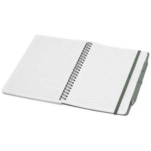 Blocco notes A5 con spirale e pagine a righe e copertina rigida in plastica riciclata e penna a sfera refill nero