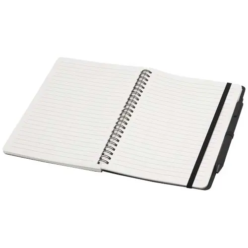 Blocco notes A5 con spirale e pagine a righe e copertina rigida in plastica riciclata e penna a sfera refill nero