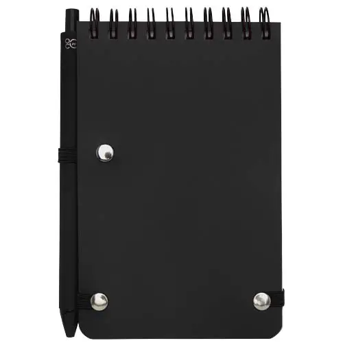 Blocco notes A6 con pagine a righe e copertina rigida in plastica riciclata e penna a sfera refill nero