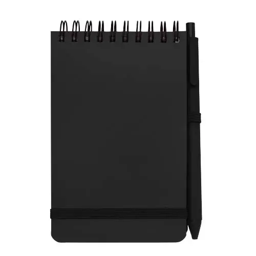 Blocco notes A6 con pagine a righe e copertina rigida in plastica riciclata e penna a sfera refill nero