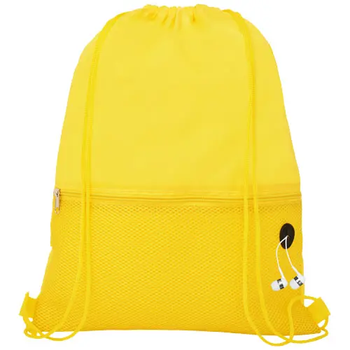 Sacca in poliestere con cordoncino e tasca con passaggio per auricolari da 210D 33x44cm 