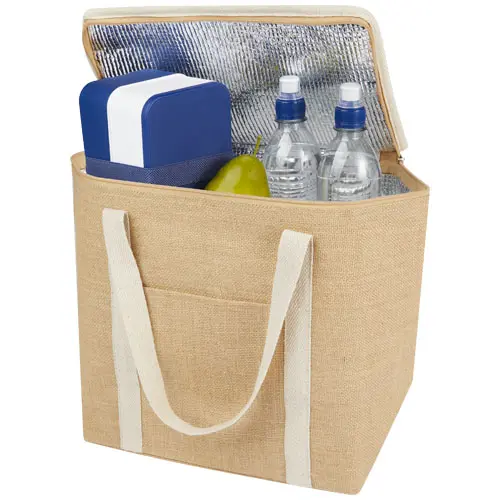  Borsa termica in juta laminata da 19L con tasca anteriore e manici in cotone 32x19x32cm