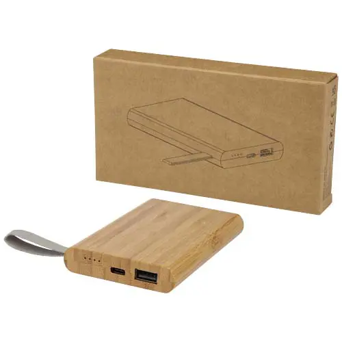 Power bank in bambù con laccetto in RPET da 5000mAh fornito in scatola regalo 