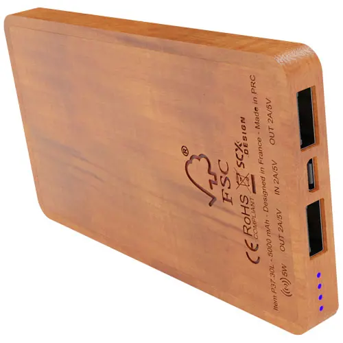 Power bank in legno con ricarica wireless a marchio SCX e personalizzazione luminosa da 5000mAh
